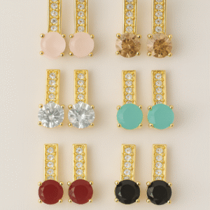 Set of six gold stud earrings with colorful round stones and crystal detailing by H&A Jeweller