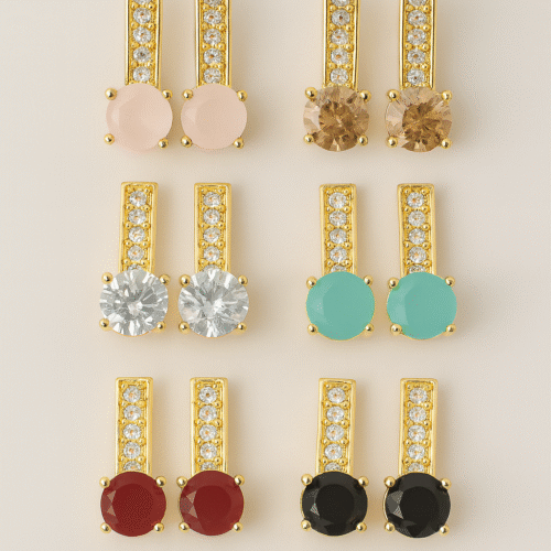 H&A gold plated multi-color stud earrings set with sparkling cubic zirconia accents – 6 pairs