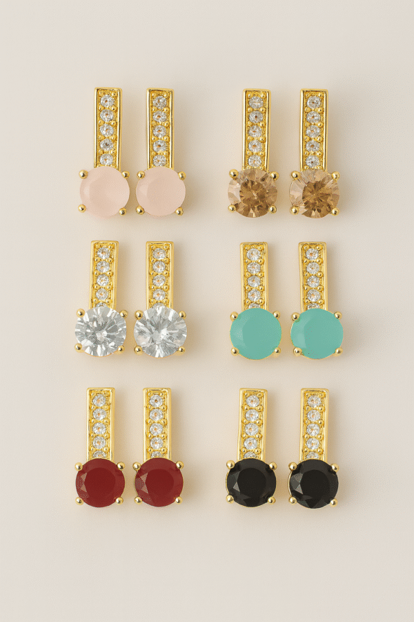 Set of six gold stud earrings with colorful round stones and crystal detailing by H&A Jeweller