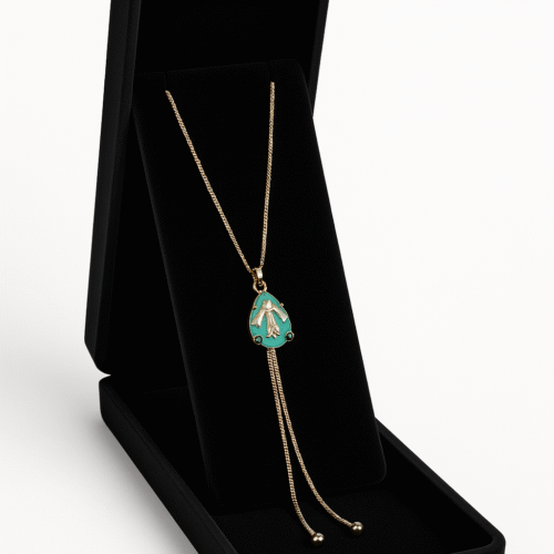 Elegant gold teardrop pendant necklace with turquoise enamel and hand motif, presented in black velvet box by H&A Jeweller