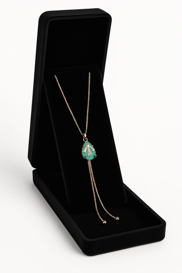 Elegant gold teardrop pendant necklace with turquoise enamel and hand motif, presented in black velvet box by H&A Jeweller