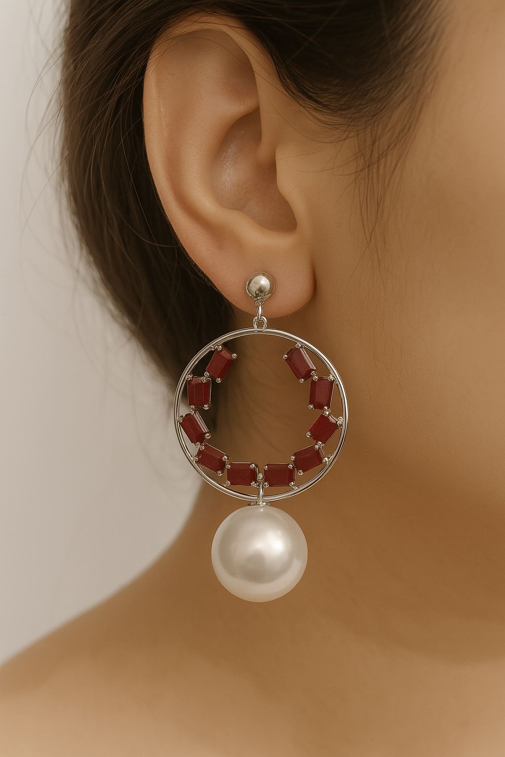Radiant Ruby Hoop Earrings with Lustrous Pearl Drop – H&A Jeweller - Image 2