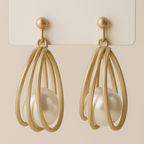 H&A gold-tone cage design drop earrings with large pearl centerpiece on display card
