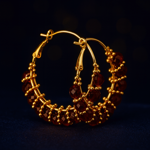 Golden hoop jhumka earrings adorned with maroon beads – H&A Jeweller