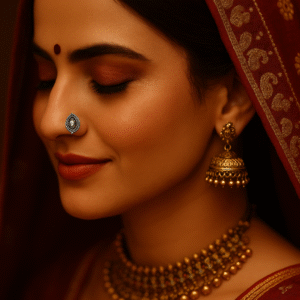 Traditional Rajasthani silver nose pin with intricate design worn by woman in bridal attire by H&A Jeweller