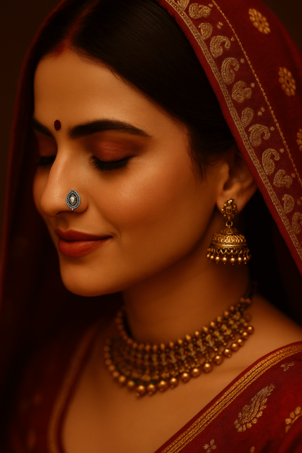 Traditional Rajasthani silver nose pin with intricate design worn by woman in bridal attire by H&A Jeweller