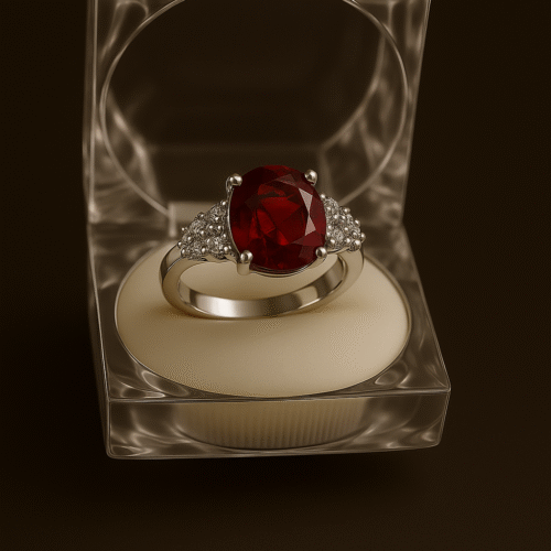 Elegant silver ring with deep red garnet stone and diamond accents in transparent box by H&A Jeweller