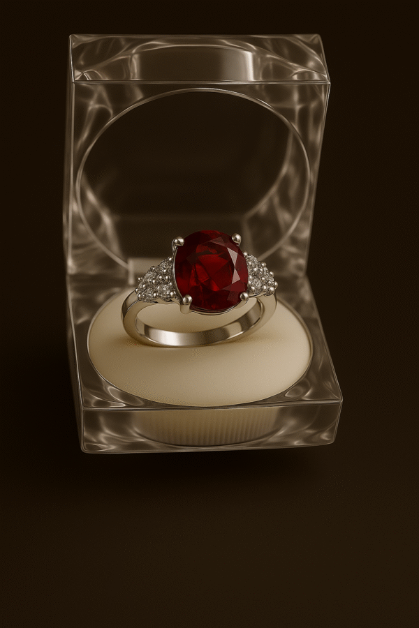 Elegant silver ring with deep red garnet stone and diamond accents in transparent box by H&A Jeweller