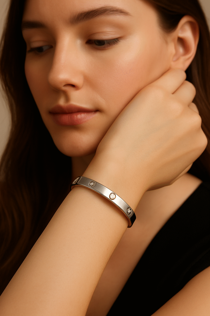 Elegant Silver Steel Bracelet with Embedded Stones – H&A Jewelry