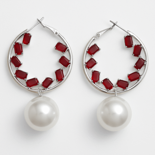 Elegant silver hoop earrings with ruby-red stones and pearl drop by H&A Jeweller