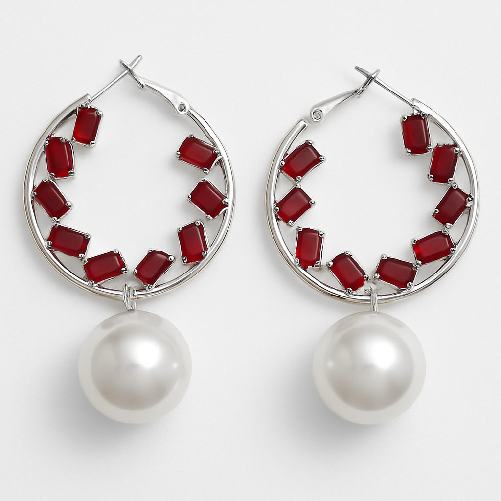 Elegant silver hoop earrings with ruby-red stones and pearl drop by H&A Jeweller