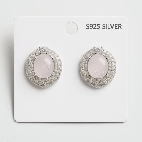 S925 silver stud earrings with soft pink gemstone and sparkling halo – H&A Jeweller